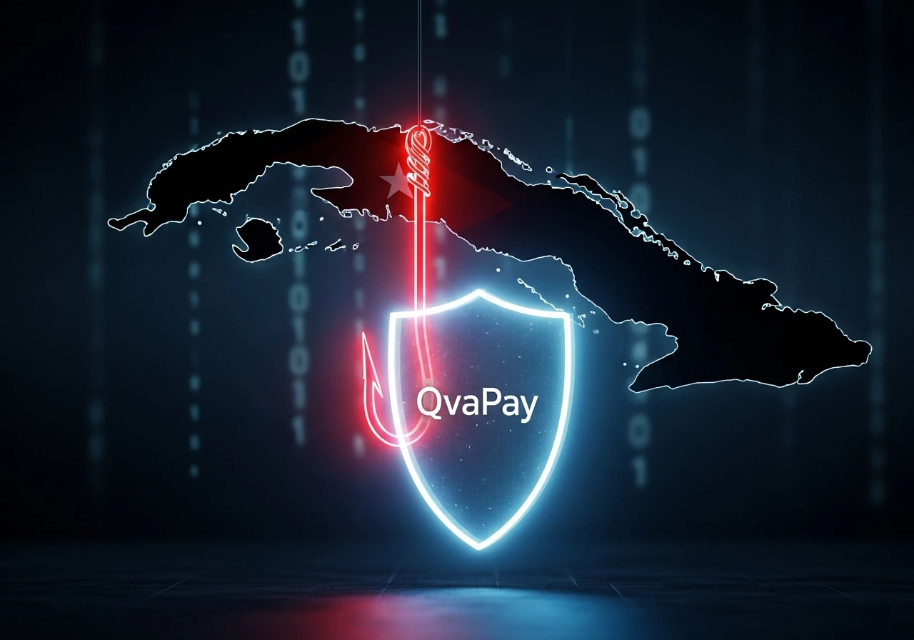 Ilustración de un anzuelo de phishing digital intentando atrapar un escudo con el logo de QvaPay, sobre un mapa de Cuba, simbolizando la lucha contra el phishing en Cuba.