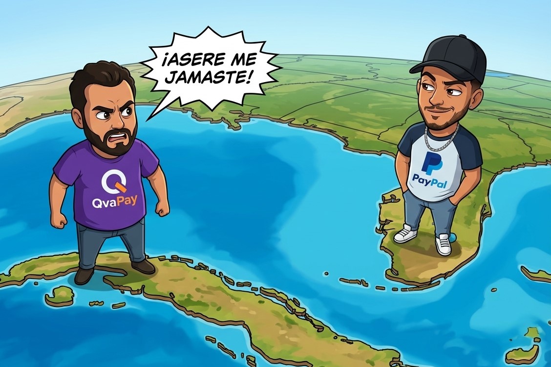 Dos personajes animados en un mapa de Cuba y Estados Unidos, uno con una camiseta de QvaPay y el otro con una camiseta de PayPal. El personaje de QvaPay grita 'Asere me jamaste'.