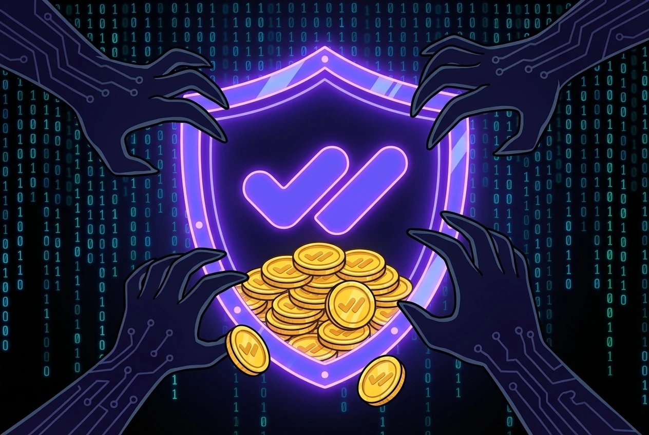 Escudo digital cibernético protegiendo criptomonedas de hackers y estafas P2P en un entorno blockchain seguro.