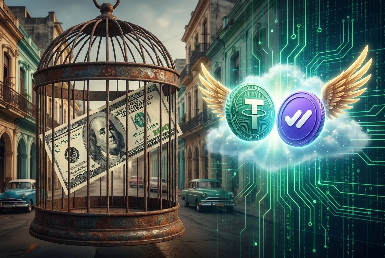 Ilustración que compara el dólar físico atrapado en una jaula frente al USDT y QUSD digital volando libremente, simbolizando la prima de liquidez en Cuba.
