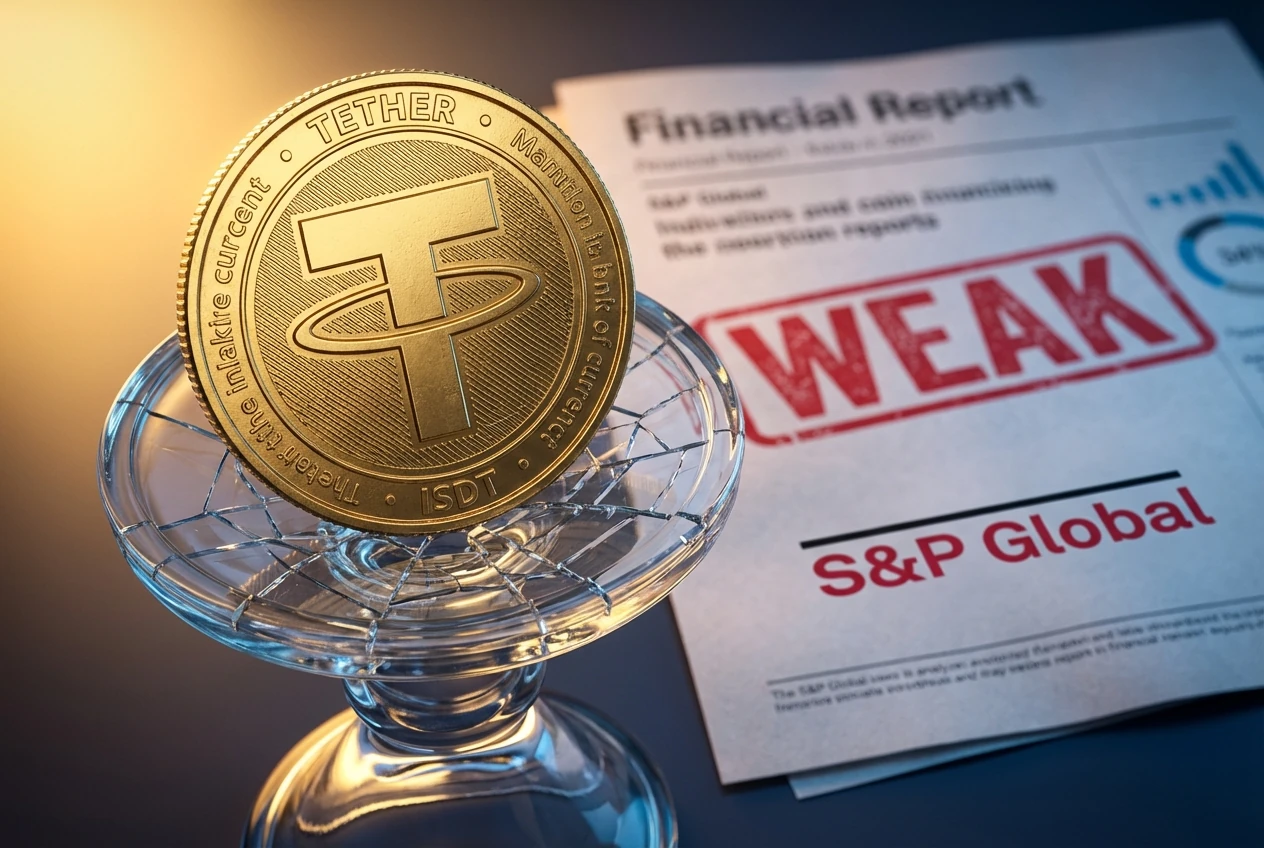 Moneda de Tether USDT sobre un pedestal de cristal agrietado con un sello de calificación débil de S&P Global en el fondo.