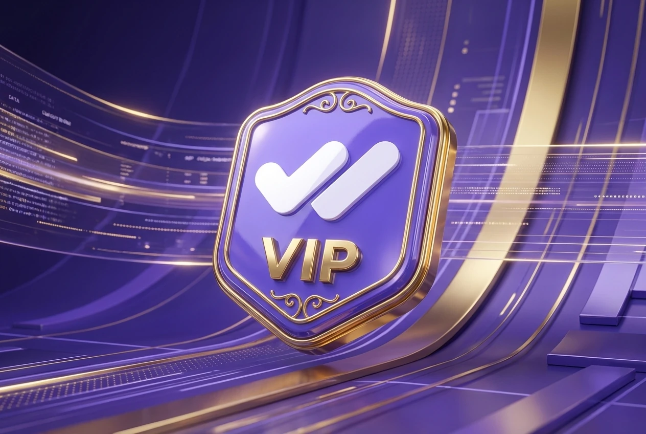 Insignia 3D de Usuario VIP de QvaPay flotando en un entorno digital color violeta, representando exclusividad y estatus financiero.
