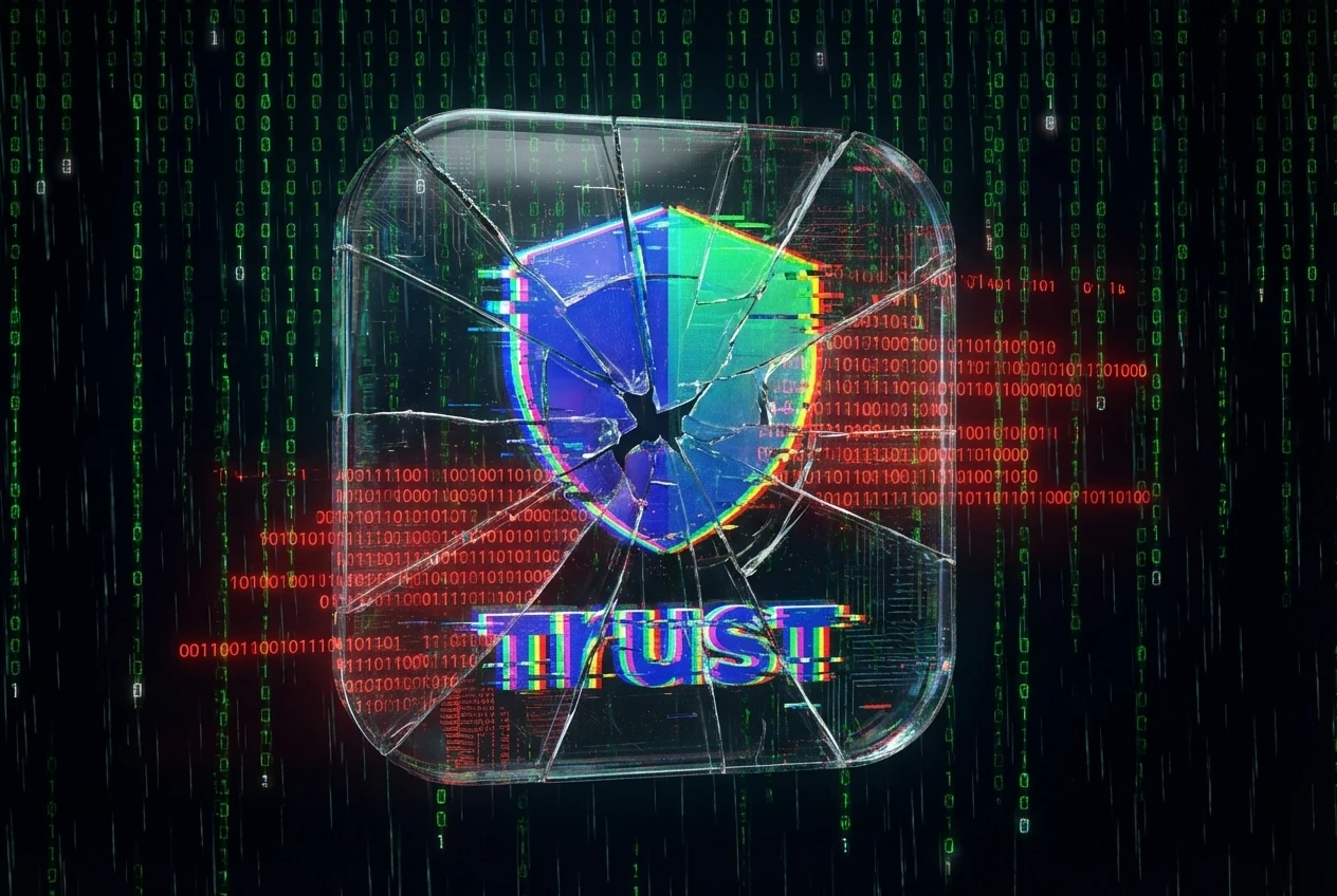 Ilustración de un escudo digital roto representando la vulnerabilidad y el hackeo a la extensión de Trust Wallet.