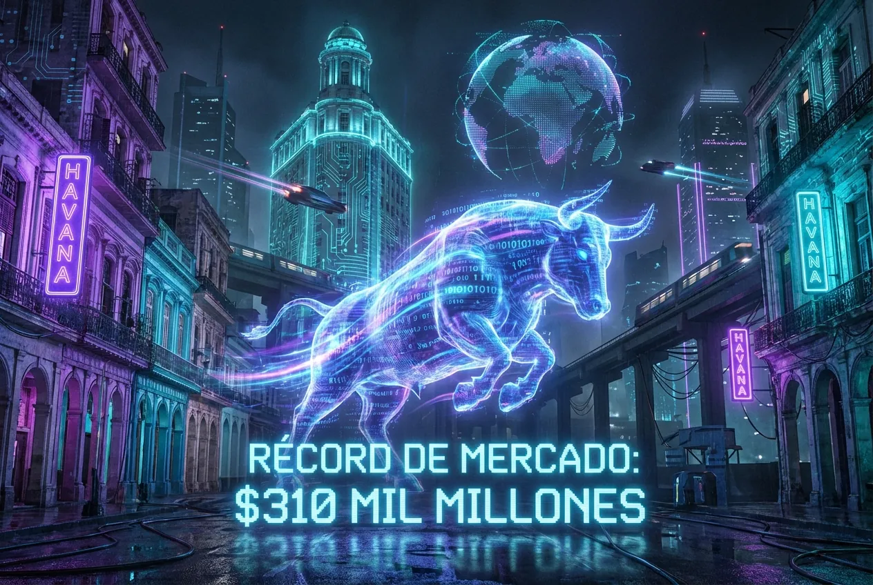 Toro digital holográfico representando el mercado alcista de stablecoins y el récord de capitalización de 310 mil millones en 2026.