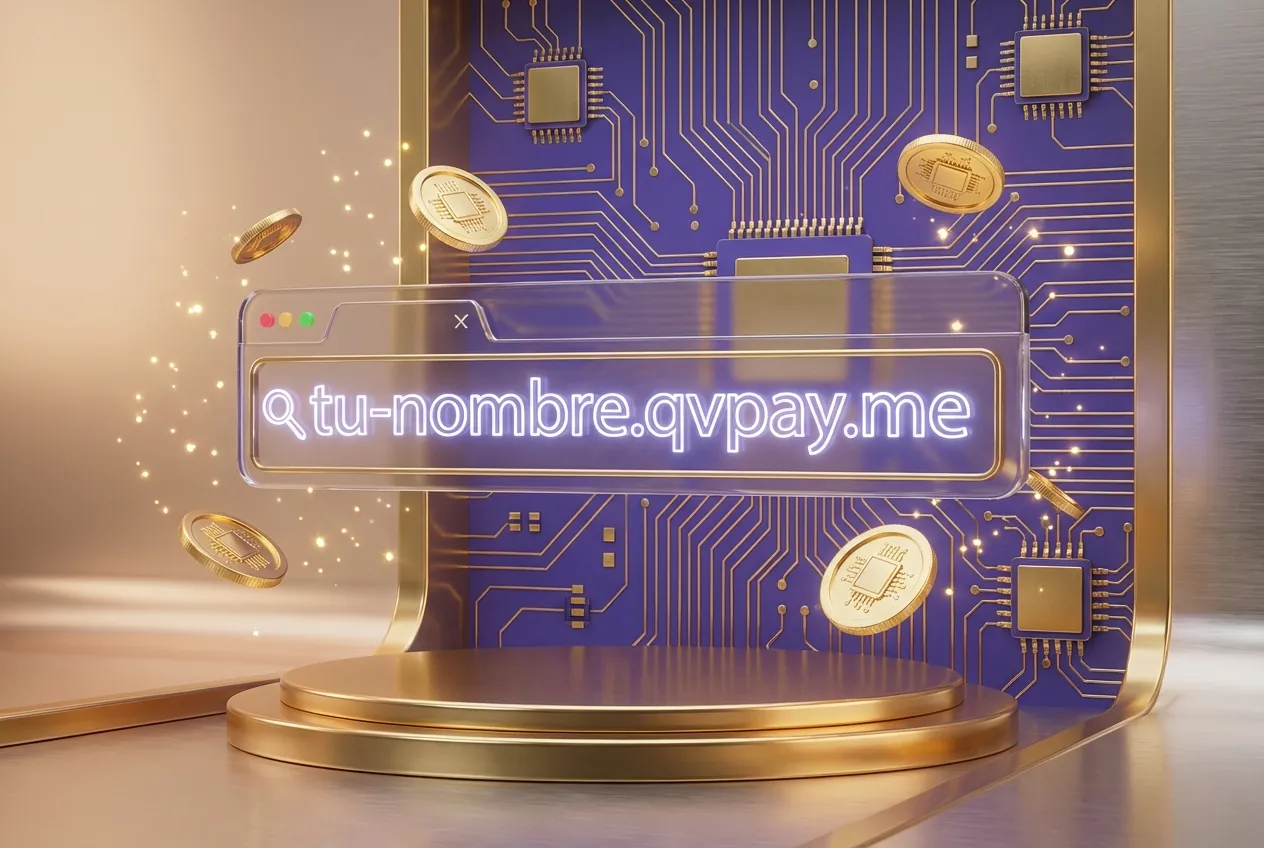 Barra de dirección web 3D flotante con un subdominio de QvaPay, rodeada de oro y estética premium violeta.