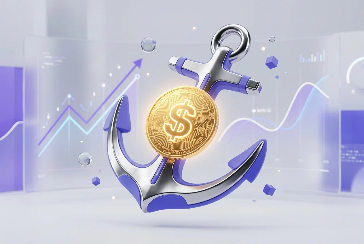 Balanza equilibrando dólares físicos y monedas digitales, representando el concepto de las stablecoins.