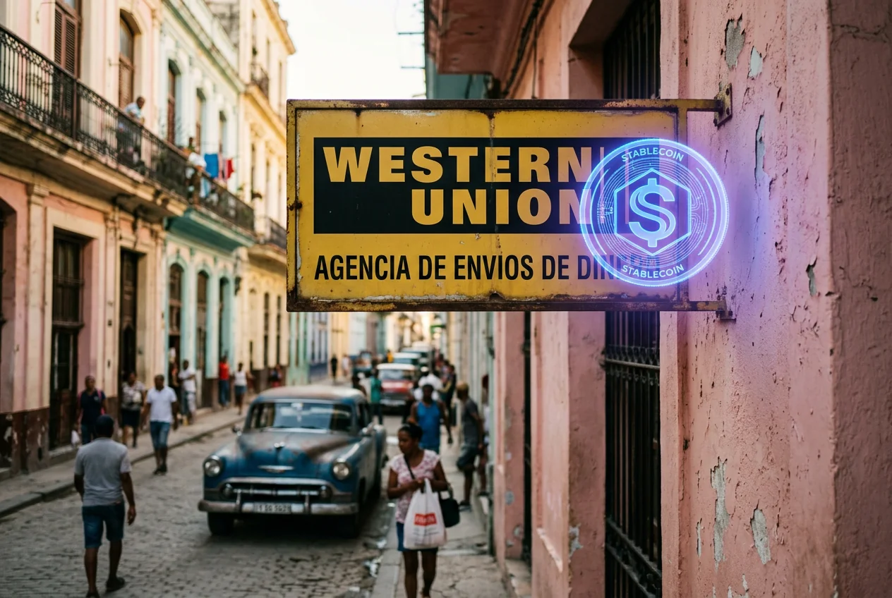 Letrero de envíos de dinero y un holograma de stablecoin frente a La Habana, simbolizando la llegada de USDPT de Western Union a Cuba.