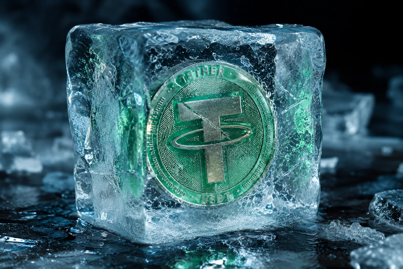 Moneda de Tether (USDT) congelada dentro de un bloque de hielo, representando el bloqueo de fondos en la red Tron.