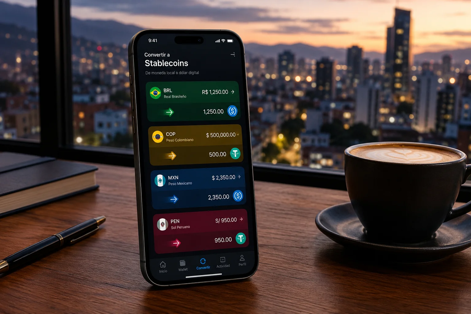 Teléfono inteligente sobre un escritorio mostrando una interfaz de billetera digital con monedas latinoamericanas tokenizadas.