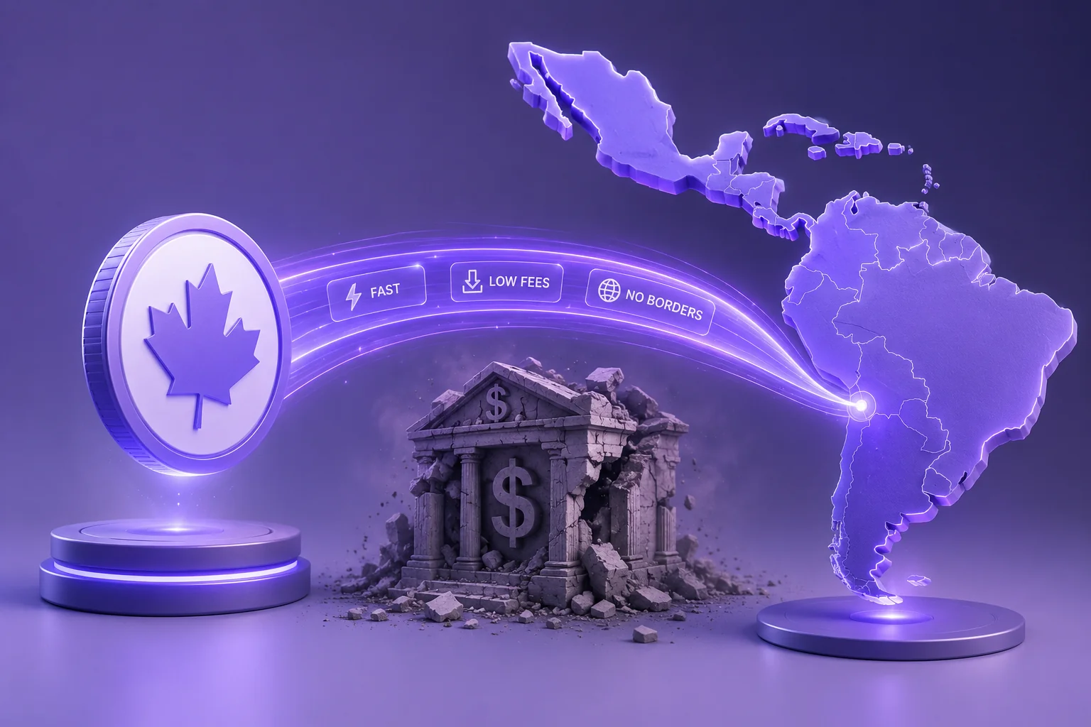 Puente digital 3D conectando Canadá y Latinoamérica, simbolizando el uso de stablecoins locales para remesas sin pasar por el dólar estadounidense.