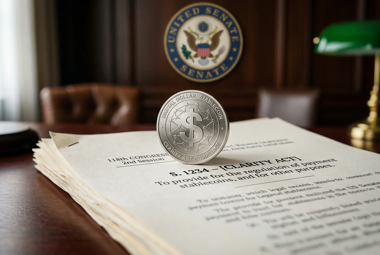 Moneda digital de un dólar estadounidense sobre documentos legales, representando la nueva ley CLARITY Act para stablecoins.