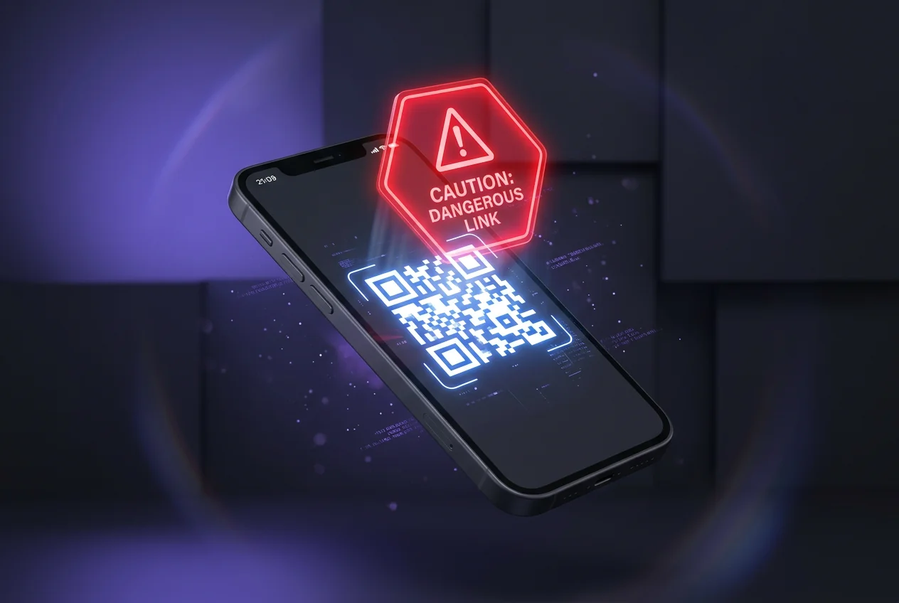 Smartphone mostrando un código QR de advertencia, ilustrando la nueva estafa de phishing en Trust Wallet con USDT.