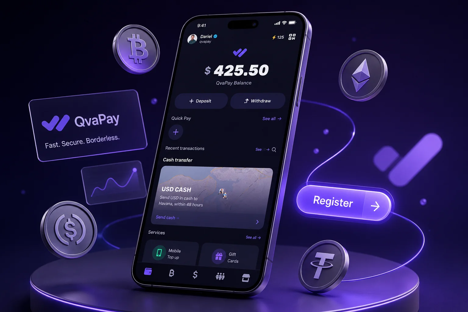 Smartphone moderno mostrando la interfaz de registro de QvaPay, rodeado de monedas digitales en un entorno 3D violeta.
