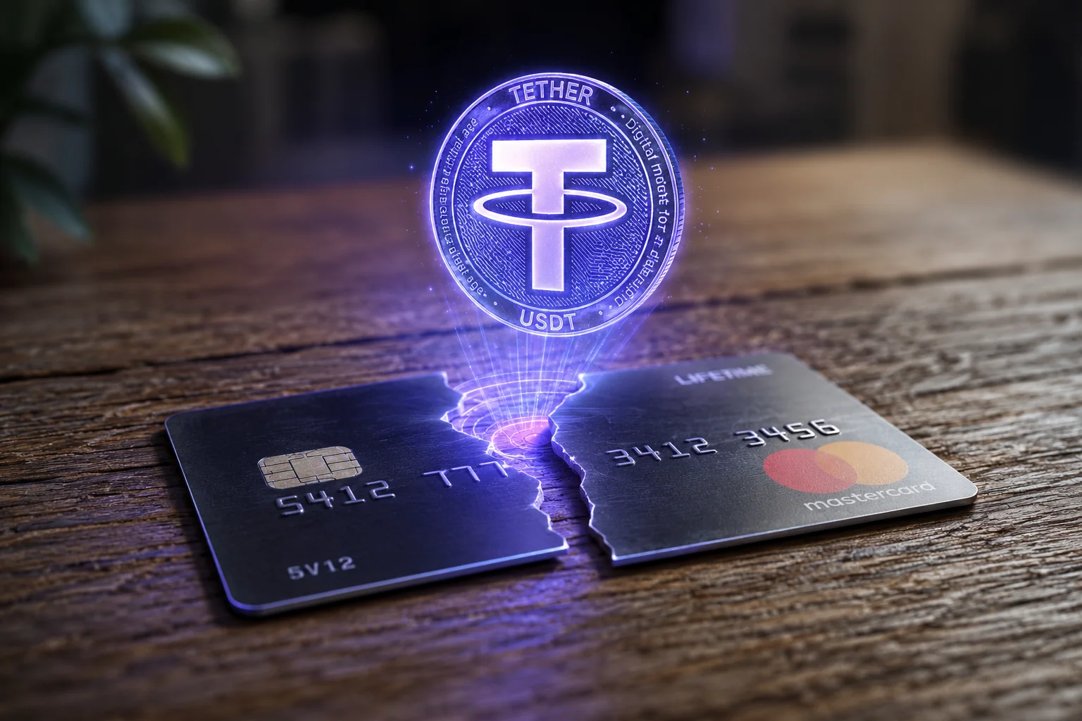 Tarjeta de crédito cortada por la mitad con una moneda digital flotando, representando la suspensión de Visa y Mastercard en Cuba y la adopción de criptomonedas.
