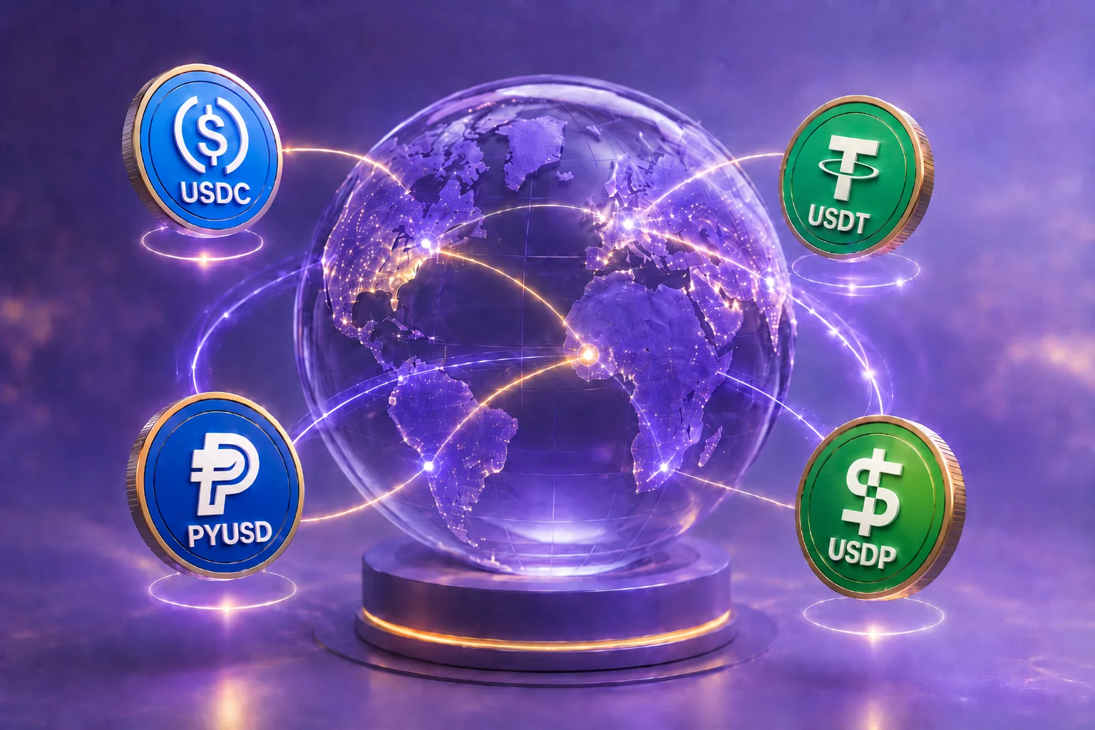 Monedas digitales USDC, USDT, PYUSD y USDP flotando alrededor de un globo terráqueo, representando las mejores stablecoins para pagos internacionales en 2026.