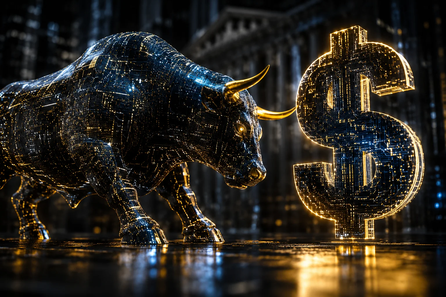 Toro de Wall Street digital frente a un símbolo de dólar, representando la llegada de Open USD (OUSD) al mercado cripto.
