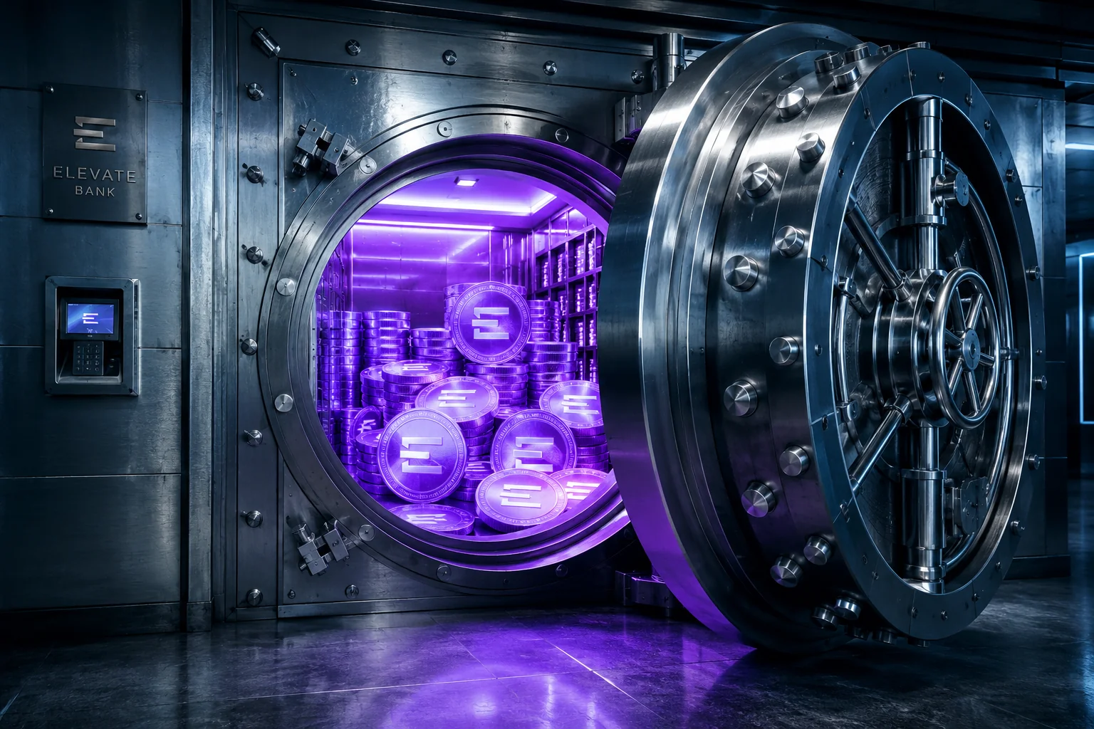 Bóveda de un banco tradicional abriéndose para revelar activos digitales, representando la entrada de la banca corporativa al mundo de las stablecoins.