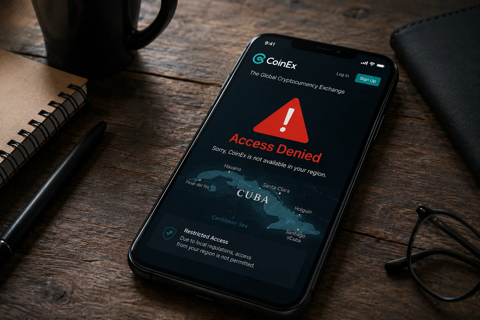 Teléfono inteligente mostrando un mensaje de acceso denegado en una plataforma de criptomonedas, simbolizando el bloqueo a usuarios en Cuba.