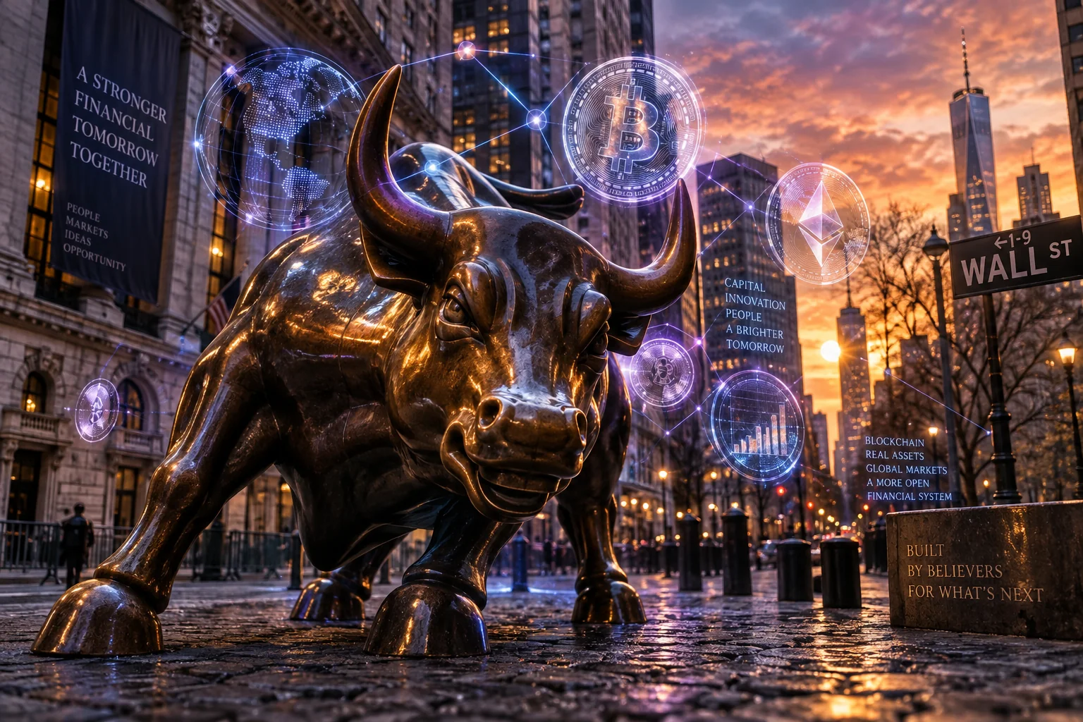 Estatua del Toro de Wall Street rodeada de hologramas digitales, representando la entrada de los bancos tradicionales al mercado de las stablecoins.