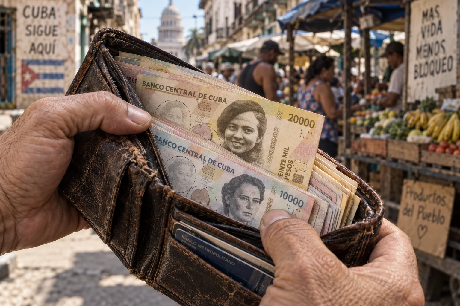 Cartera abierta con billetes cubanos de alta denominación, representando la crisis del efectivo y la inflación en Cuba.