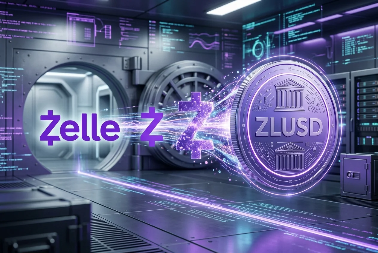Transformación digital del logo de Zelle convirtiéndose en una bank-stablecoin o token ZLUSD de Early Warning Services.