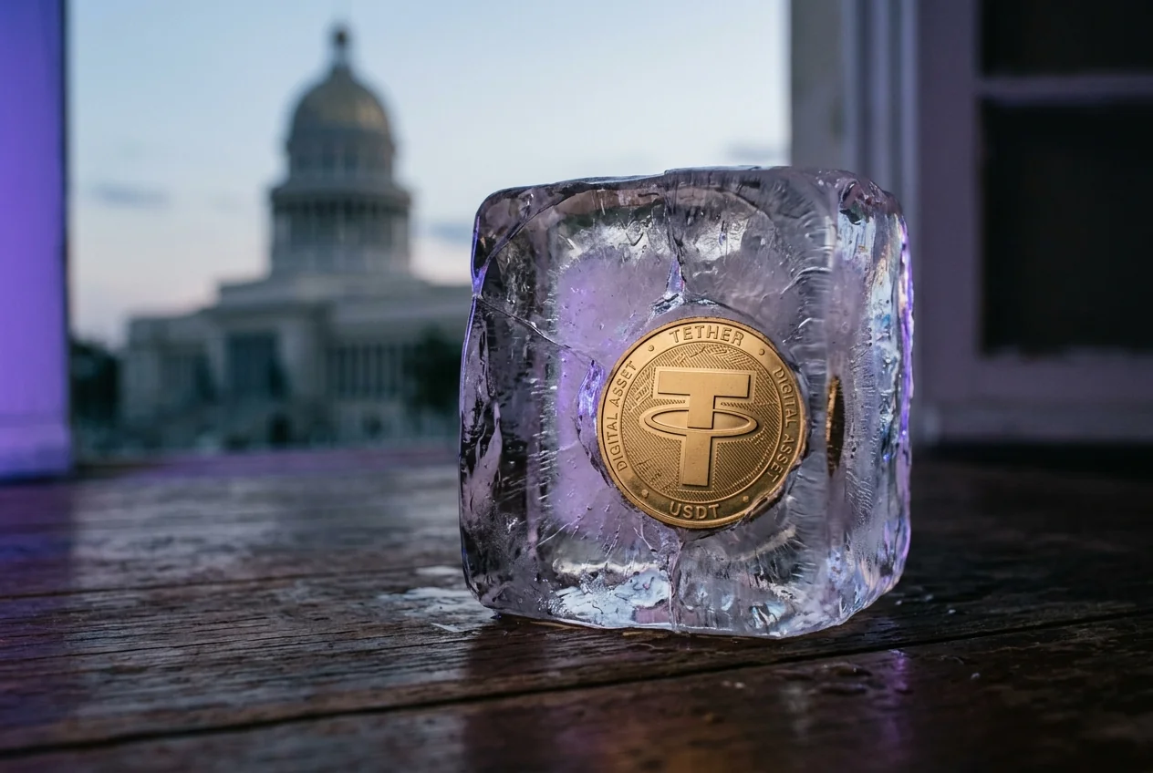 Moneda de Tether (USDT) congelada en hielo frente al Capitolio de La Habana, simbolizando el riesgo de bloqueo de fondos para usuarios en Cuba.