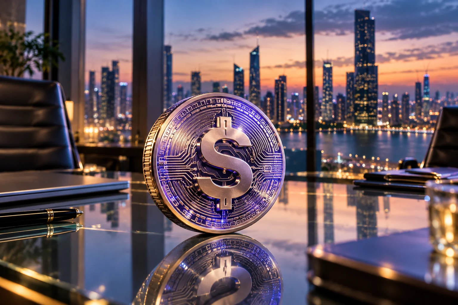 Moneda digital flotante en un entorno financiero, representando la creación de nuevas stablecoins por parte de bancos e instituciones.